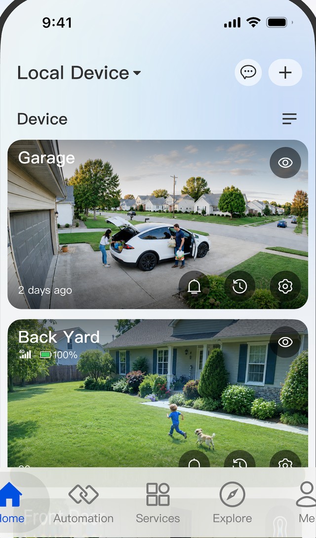 The Reolink app open, showing live views from the Garage and Back Yard cameras